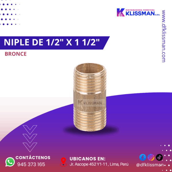 NIPLE DE 1/2" x 1 1/2" BRONCE